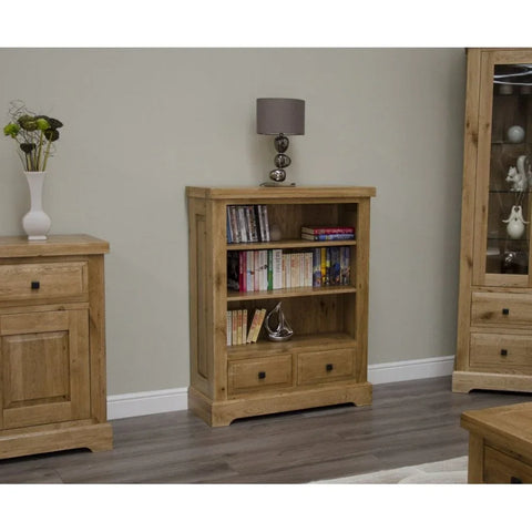 Buy oak bookcase with drawers online, rustic wooden bookshelf for living room decor