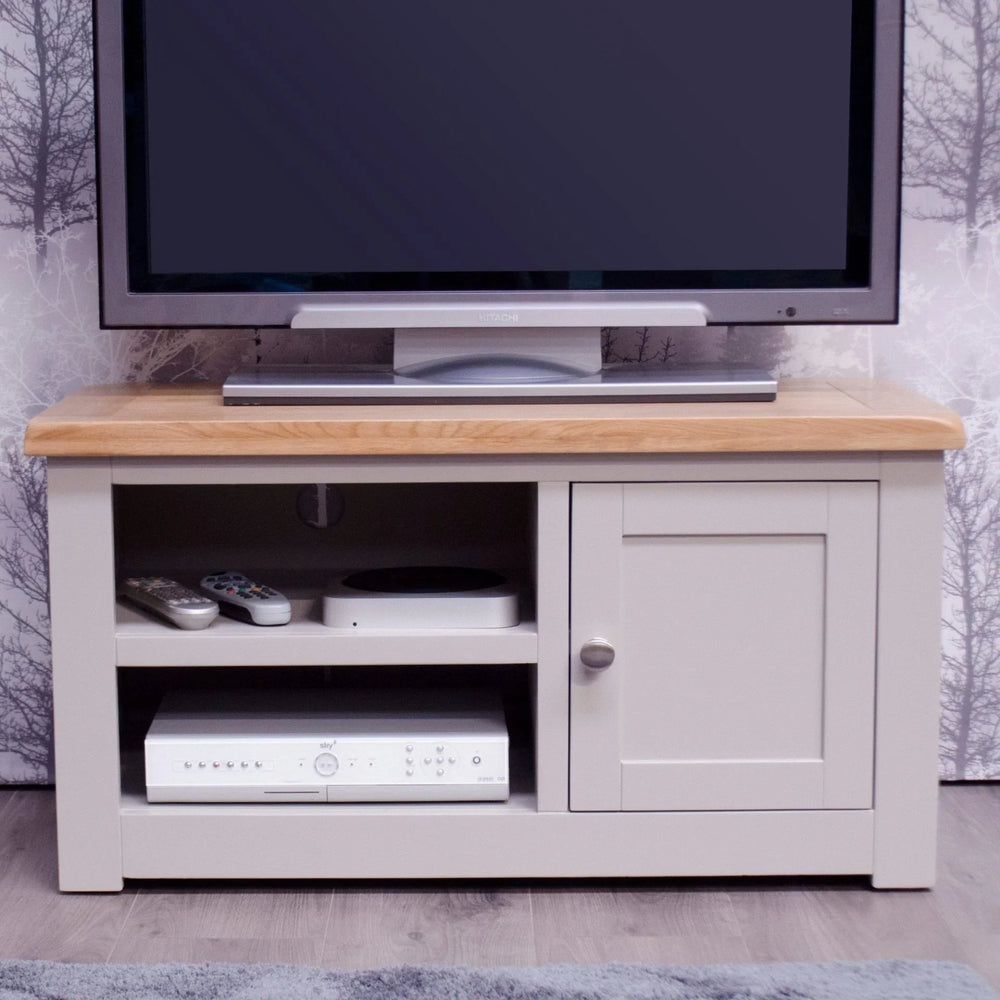 Buy grey TV stand cabinet with oak top, storage shelves online, living room furniture