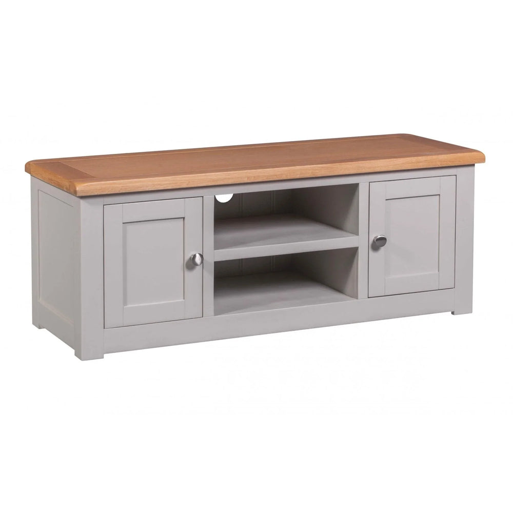 Buy grey oak TV unit online, wooden media stand with storage shelves and cabinets