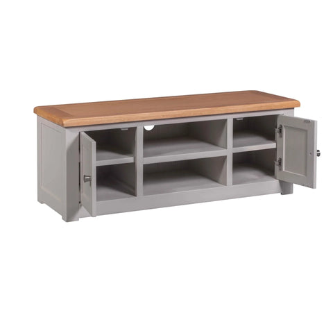 Buy wooden TV unit with shelves and doors online, modern grey oak media console storage