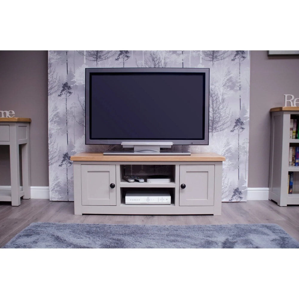 Buy TV unit cabinet online, modern grey wooden media stand for living room storage