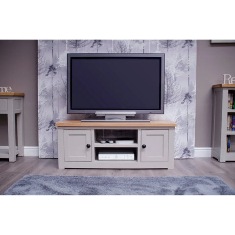 Buy TV unit cabinet online, modern grey wooden media stand for living room storage