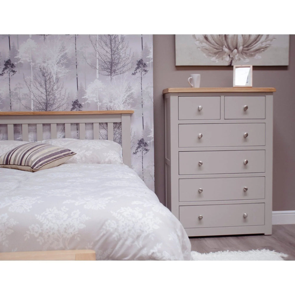 Buy grey chest of drawers online, modern bedroom furniture with wooden top and silver knobs