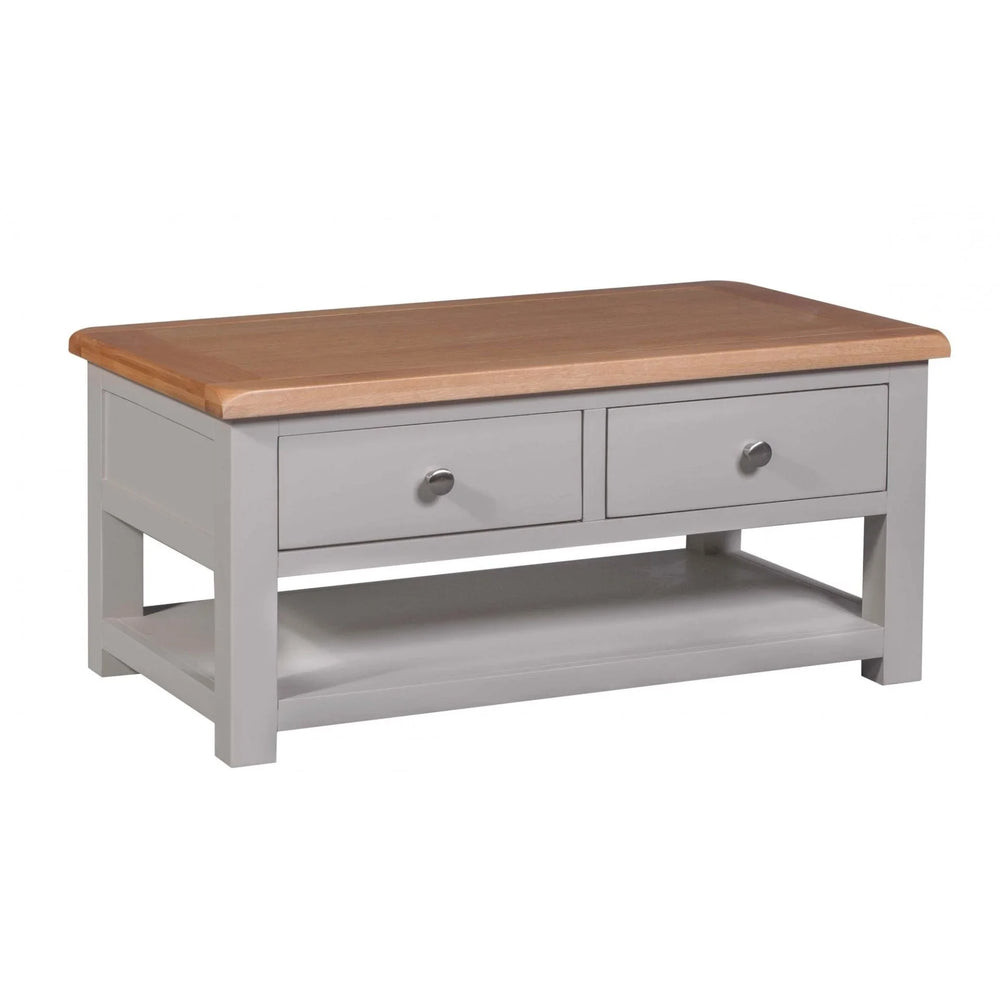 Buy wooden coffee table with storage drawers online, modern grey oak living room furniture