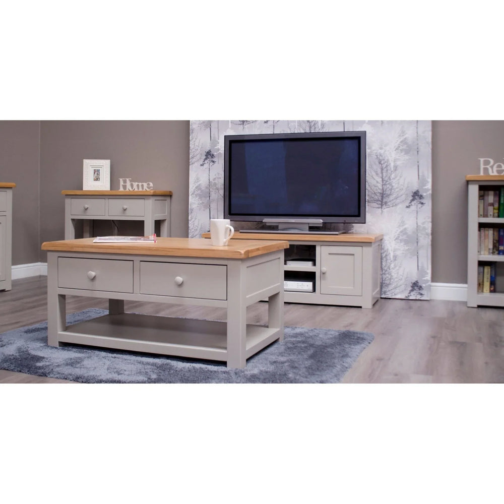 Buy grey oak coffee table and TV stand set online, modern living room furniture, storage units