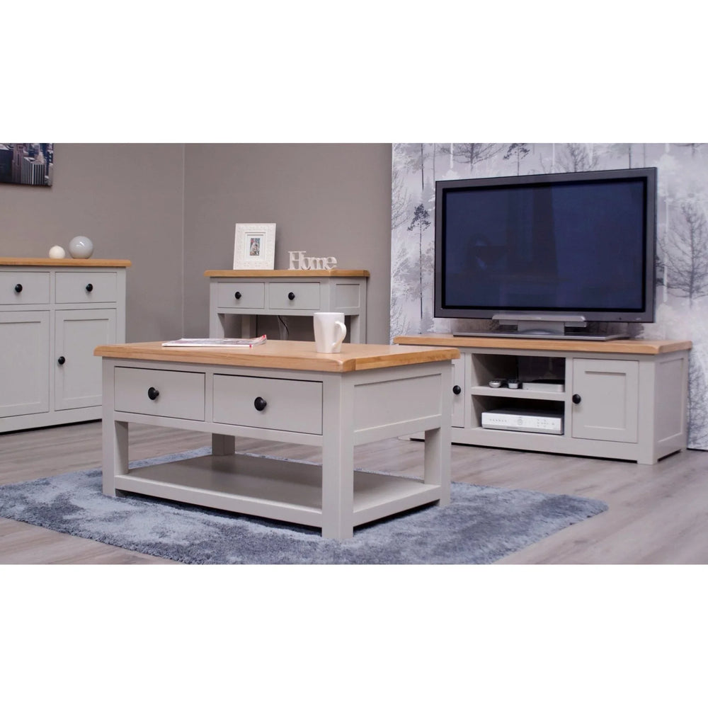 Buy grey oak living room furniture set online, modern coffee table, TV unit, sideboard