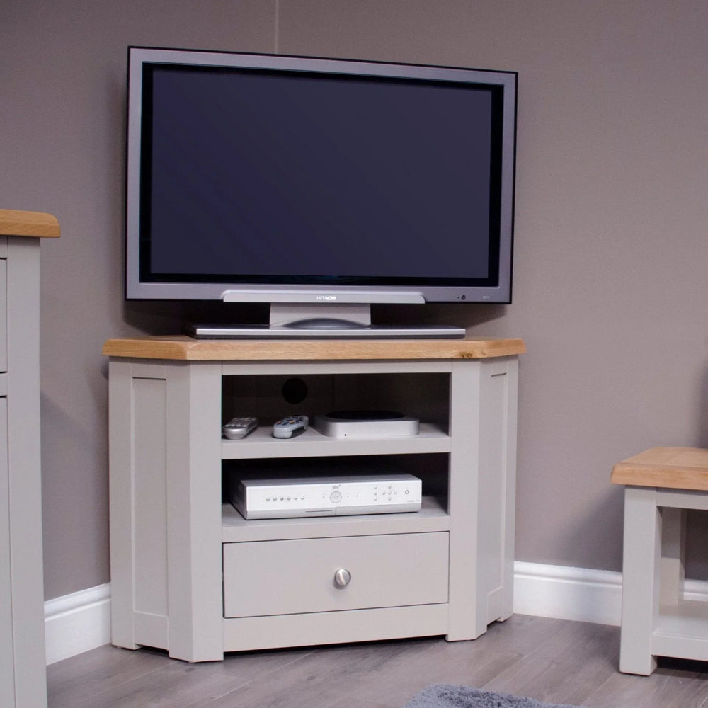 Buy corner TV unit with oak top and storage drawers online, living room furniture sale