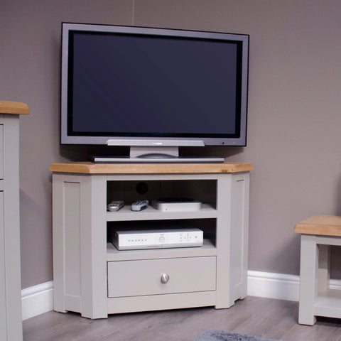 Buy corner TV unit with oak top and storage drawers online, living room furniture sale