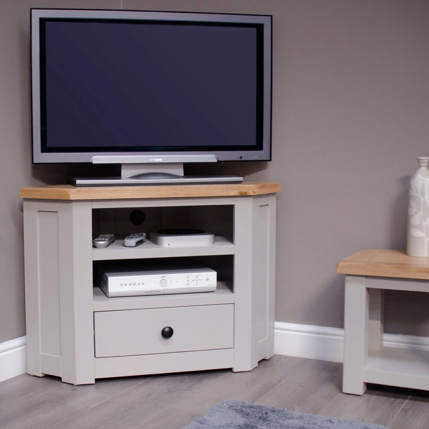Buy corner TV unit cabinet online, modern oak top entertainment stand for living room