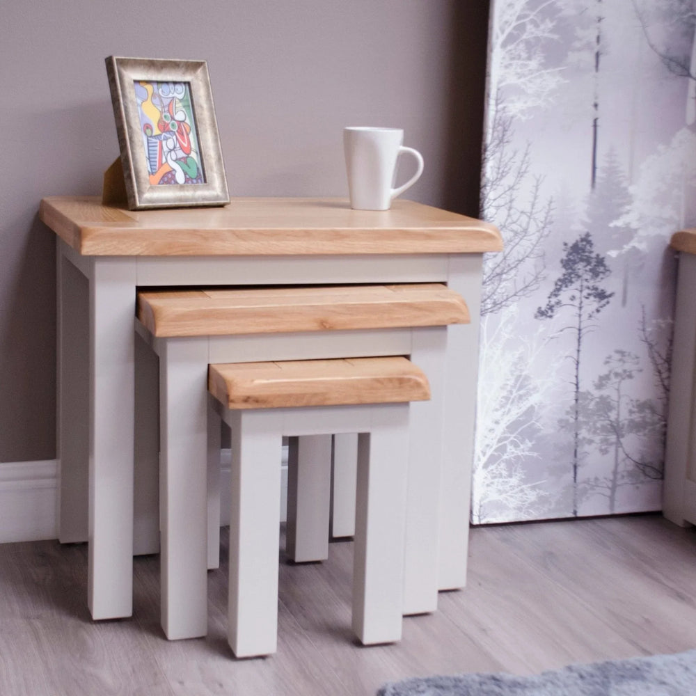 Buy oak nest of tables online, modern wooden side tables for living room, nesting furniture set