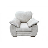 Light grey fabric armchair with pillow armrests and plush cushioning, front view