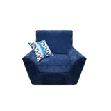 Blue fabric armchair with geometric accent cushion, front view