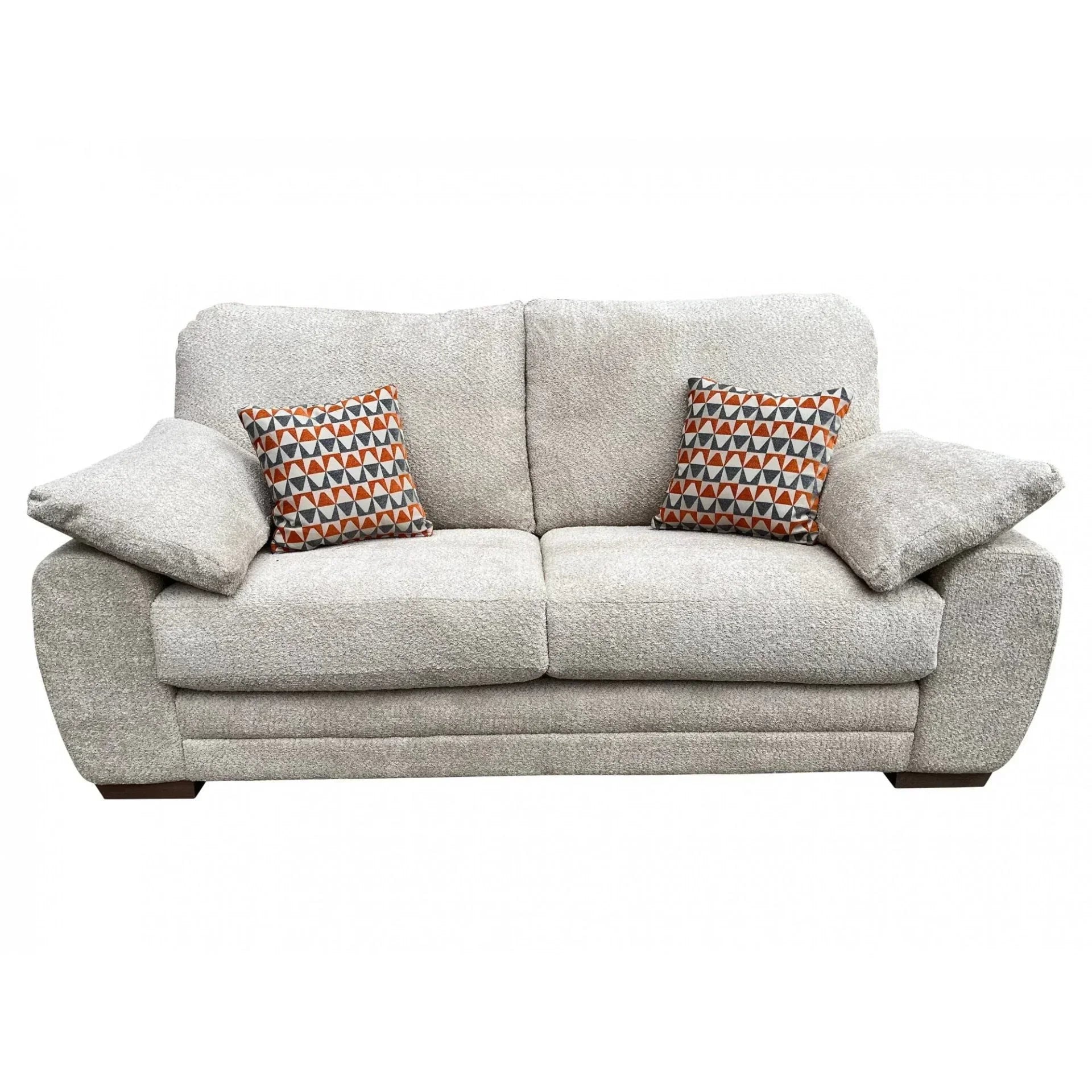 Beige fabric sofa with two patterned cushions and wide armrests front view
