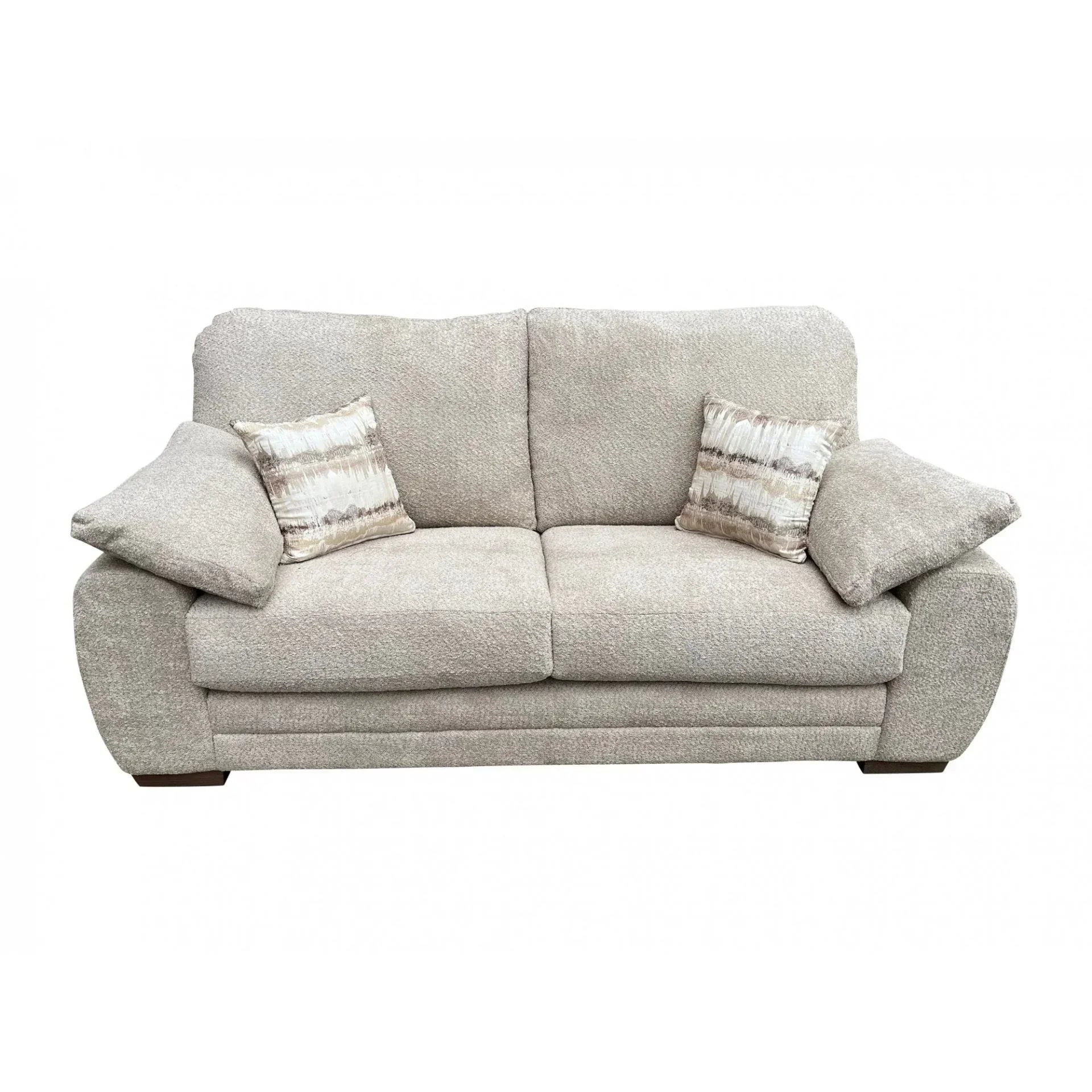 Beige fabric sofa with two patterned cushions and wide armrests, front view