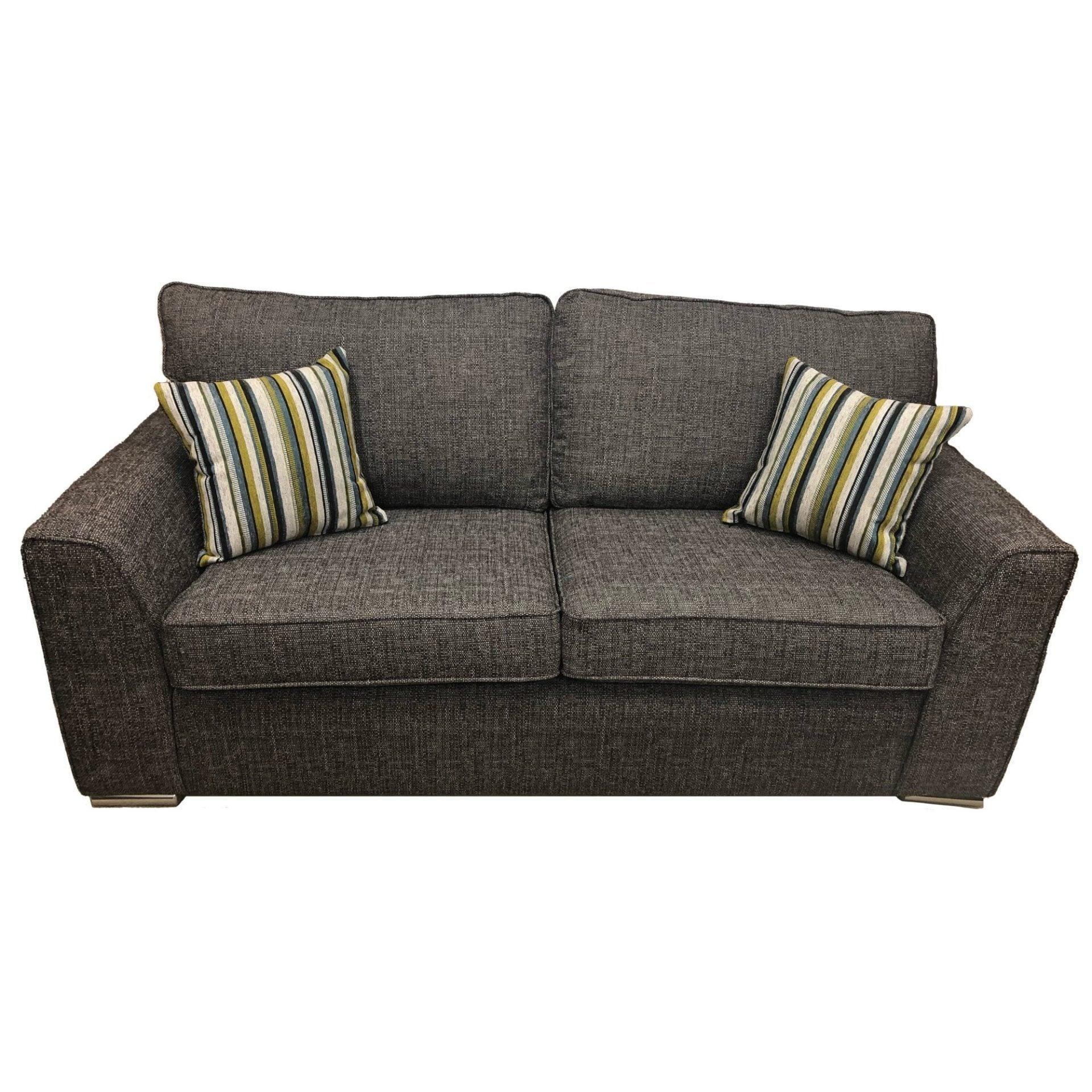 Dark grey fabric sofa with two striped accent cushions, front view