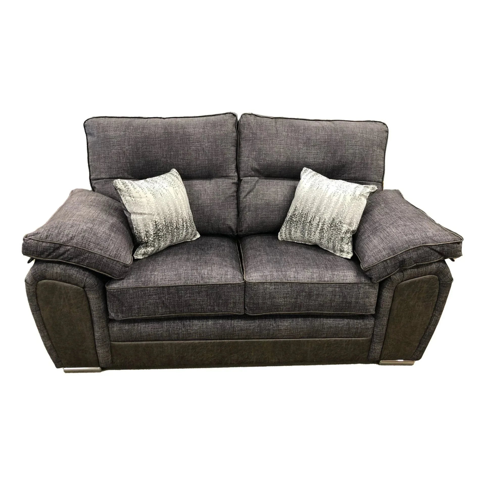 Grey fabric sofa with wide armrests and two silver accent cushions, front view