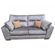 Grey fabric sofa with two patterned cushions and wide armrests, front angle view