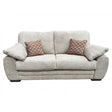Beige fabric sofa with two patterned accent cushions and wide padded armrests