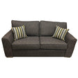 Grey fabric sofa with striped scatter cushions, front view