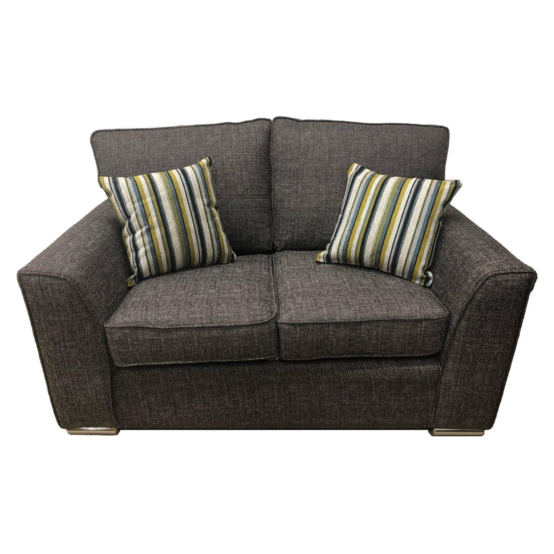 Grey fabric sofa with striped accent cushions and metal feet, front view