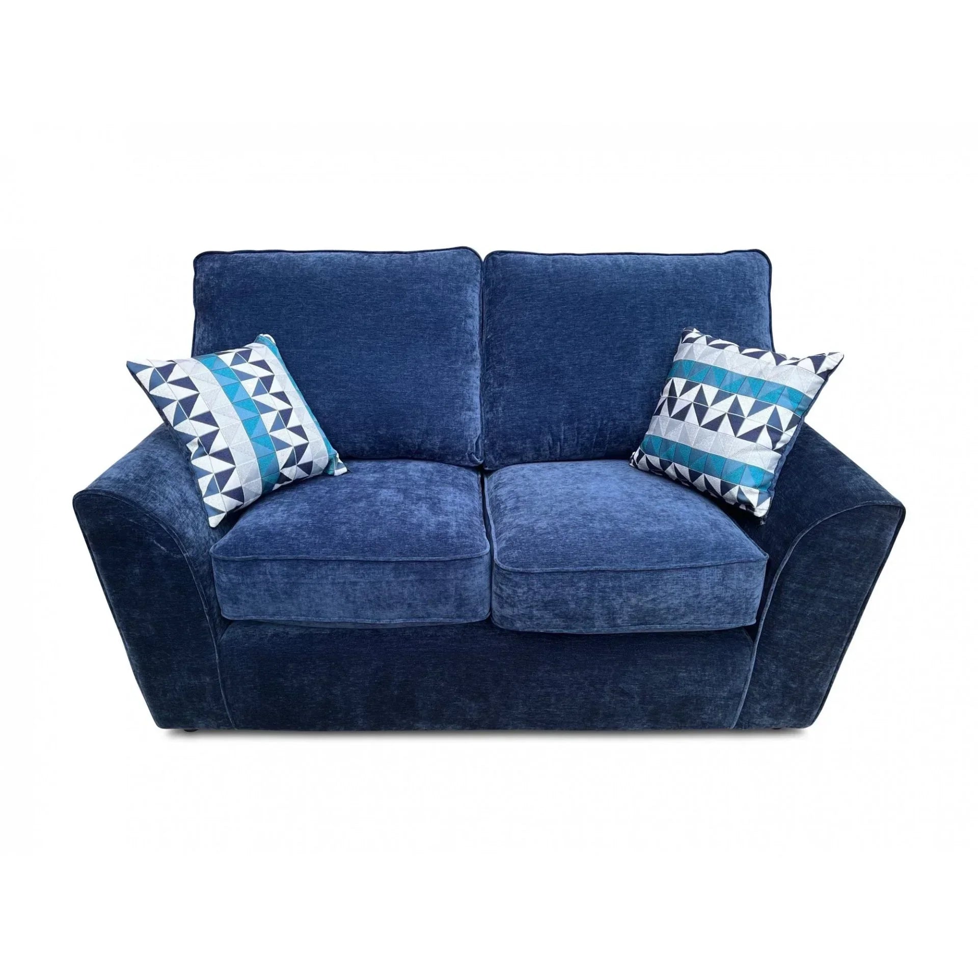 Blue fabric sofa with two patterned cushions and wide arms, front view