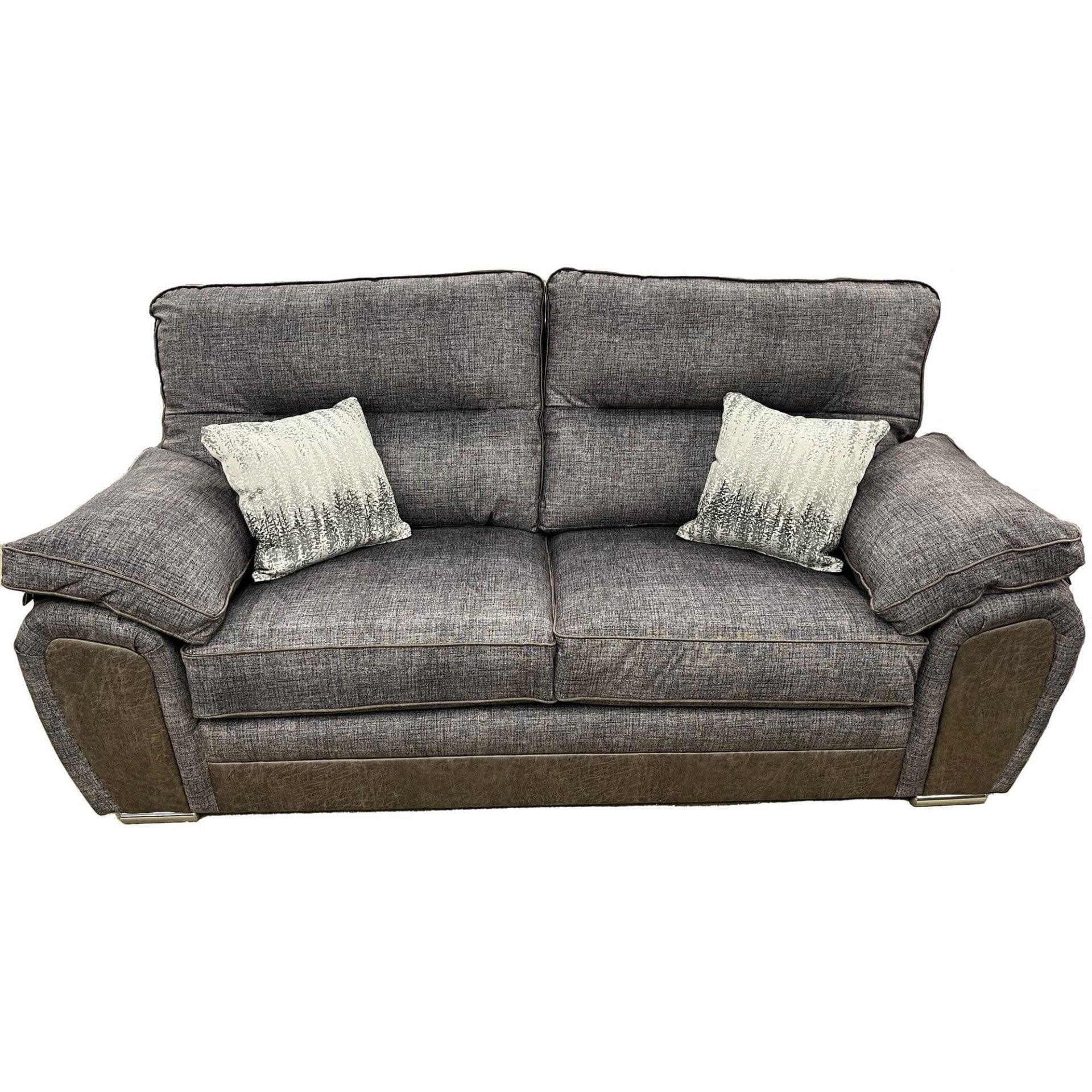 Grey fabric sofa with two seat cushions, plush armrests, and two decorative throw pillows
