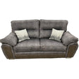 Grey fabric sofa with two seat cushions, plush armrests, and two decorative throw pillows