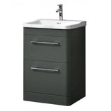 Grey bathroom vanity unit with two drawers and white ceramic sink
