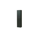 Tall black storage cabinet with two doors and chrome handles, front angle view