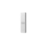 Tall white bathroom storage cabinet with two doors and chrome handles, front view