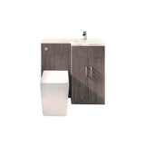 Modern bathroom vanity unit with white toilet and grey wood finish cabinets