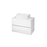 White bathroom vanity unit with two drawers and countertop basin, front view