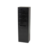 Tall black wooden storage cabinet with textured doors and integrated handle