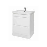 White bathroom vanity unit with two drawers and integrated sink, front angled view