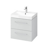 White bathroom vanity unit with two drawers and chrome handles, single tap and basin