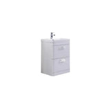 White bathroom vanity unit with two drawers and integrated sink, chrome faucet mounted on top