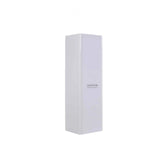 Tall white storage cabinet with single door and chrome handle, bathroom furniture angle