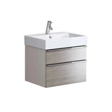 Modern bathroom vanity unit with white ceramic basin and light wood finish drawers, front view
