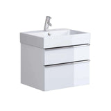 Gloss white bathroom vanity unit with sink, chrome handles, and two drawers, side angle view
