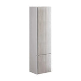 Tall freestanding bathroom cabinet with light wood finish and two doors