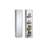 Tall white bathroom cabinet with mirror door and four open shelves holding toiletries
