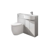 White bathroom furniture unit with integrated toilet and basin, chrome tap, and storage cabinet