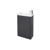Slimline grey bathroom vanity unit with integrated basin and chrome handle