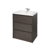 Dark wood bathroom vanity unit with white ceramic basin and chrome mixer tap