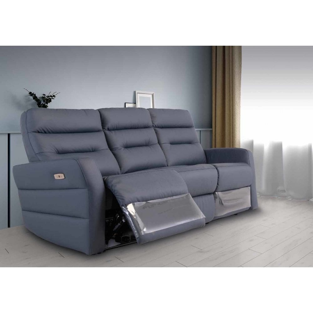 PHOENIX BLUE LEATHER ELECTRIC RECLINER 3-SEATER