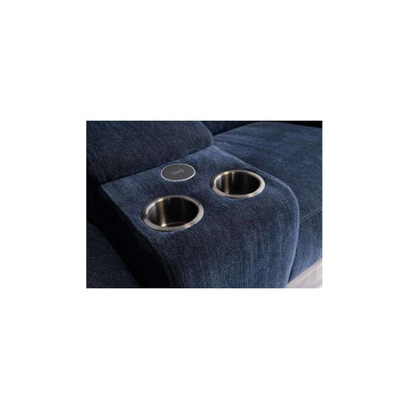 COPENHAGEN BLUE HERRINGBONE FABRIC ELECTRIC RECLINER CORNER-COPENHAGEN FABRIC RIGHT HAND FACING ARMREST - BLUE