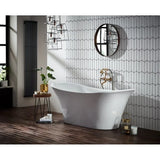 Freestanding white bathtub with modern gold tap in contemporary bathroom setting