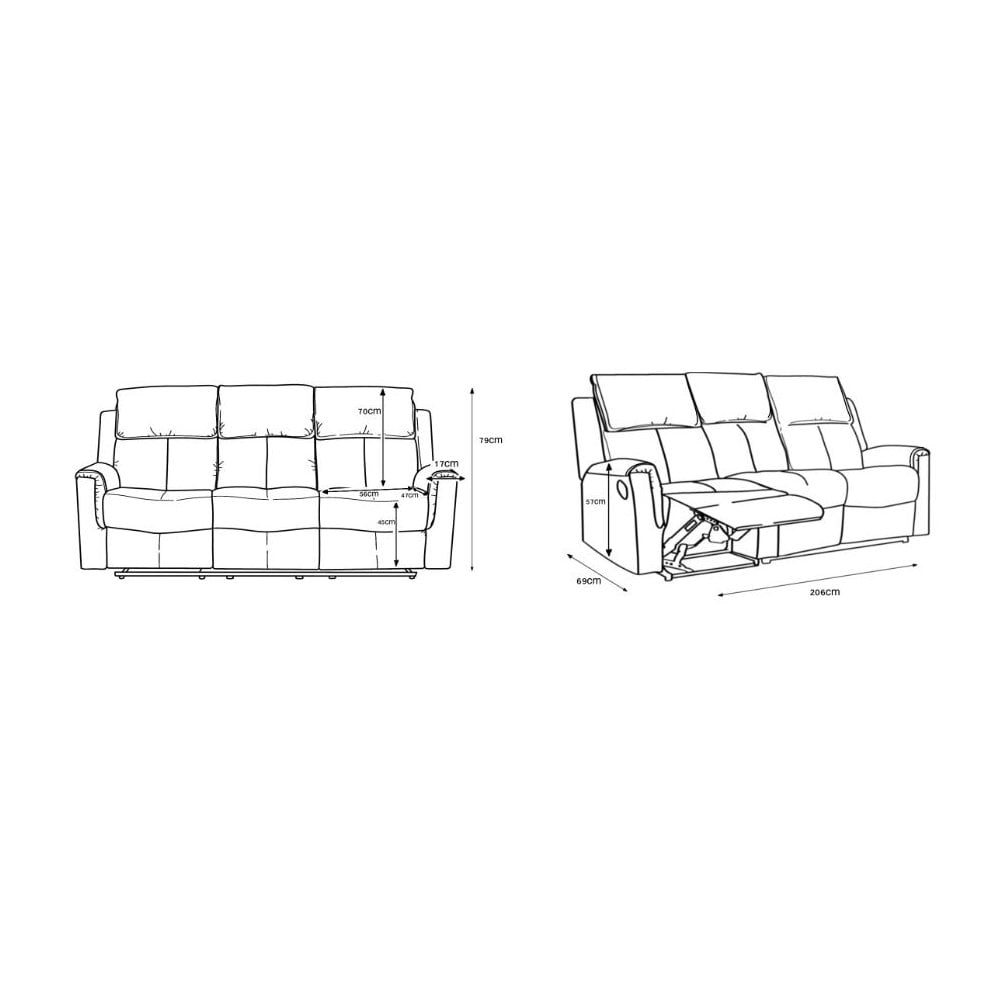 Bergamo Leather 3 Seater Recliner Sofa-Dark Grey