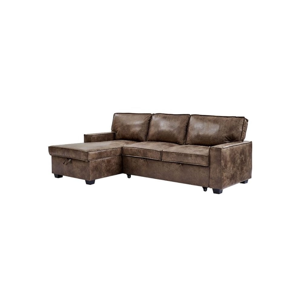Havar Corner Sofa with Pull Out Sofa Bed & Storage - Brown Leather Aire (Left)