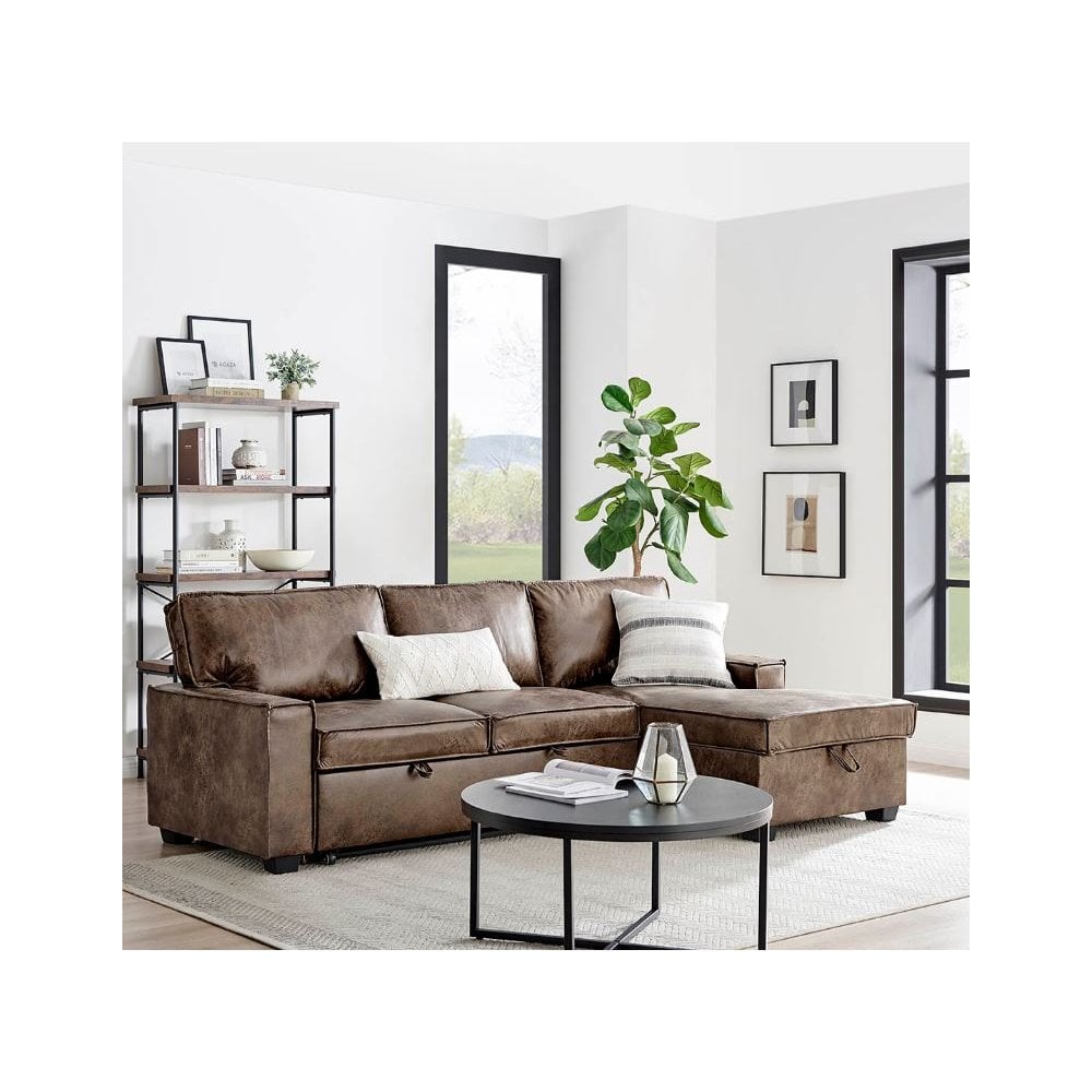 Havar Corner Sofa with Pull Out Sofa Bed & Storage - Brown Leather Aire (Right)